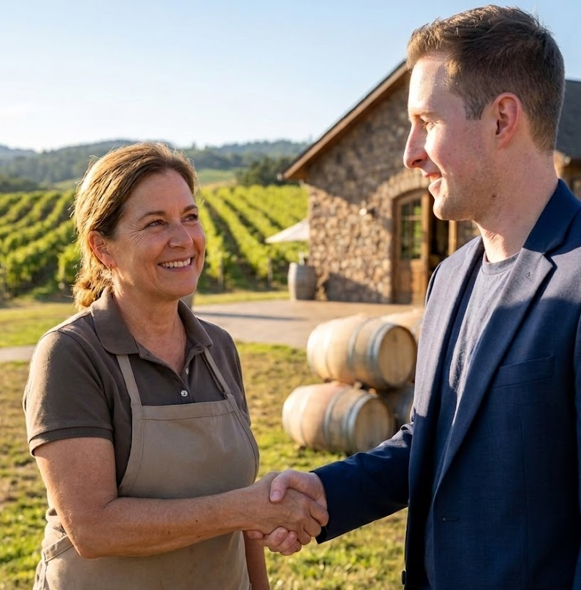 Michael of Napa AI shaking hands with a client at a Napa Valley winery